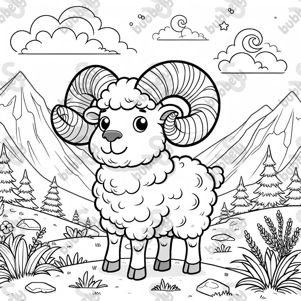 Black and white line drawing in coloring book style, no shading, high contrast, clean and smooth outlines. Simple yet detailed, designed for kids (ages 7-12). A friendly and cartoonish ram with large curved horns, standing confidently on a mountain landscape. The background includes easy-to-color mountains, complete and natural-looking plants, and a few simple clouds or stars.