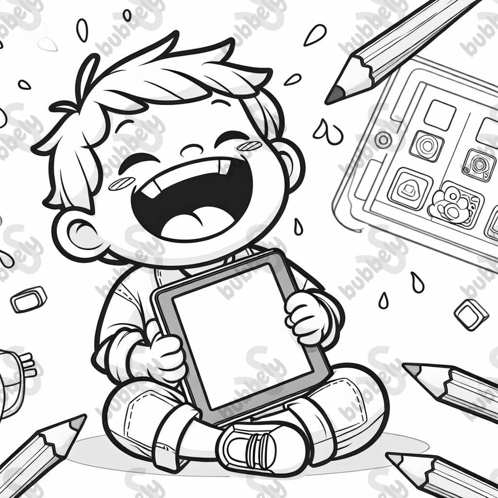 Ein Kind was ein iPad in der Hand hat und komisch lacht