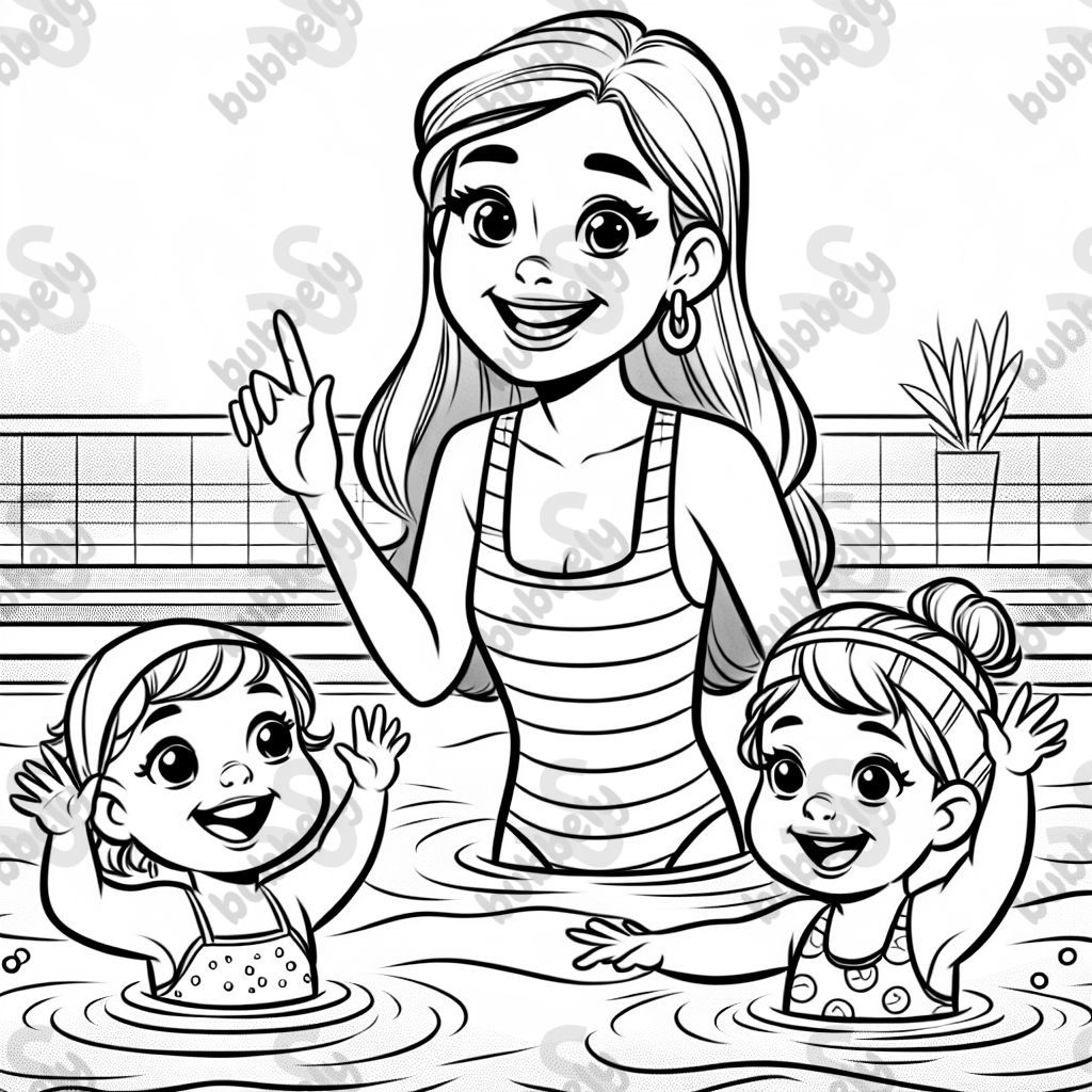 A smiling female swim instructor teaching two toddler girls to swim