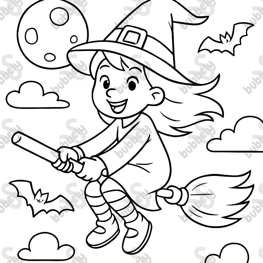 A Halloween witch on a broomstick