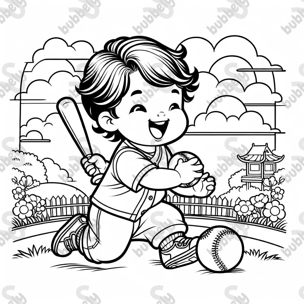 Asian toddler playing baseball 