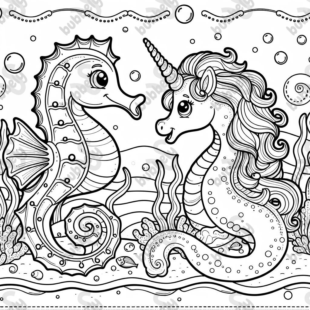 A seahorse and a mermaid unicorn