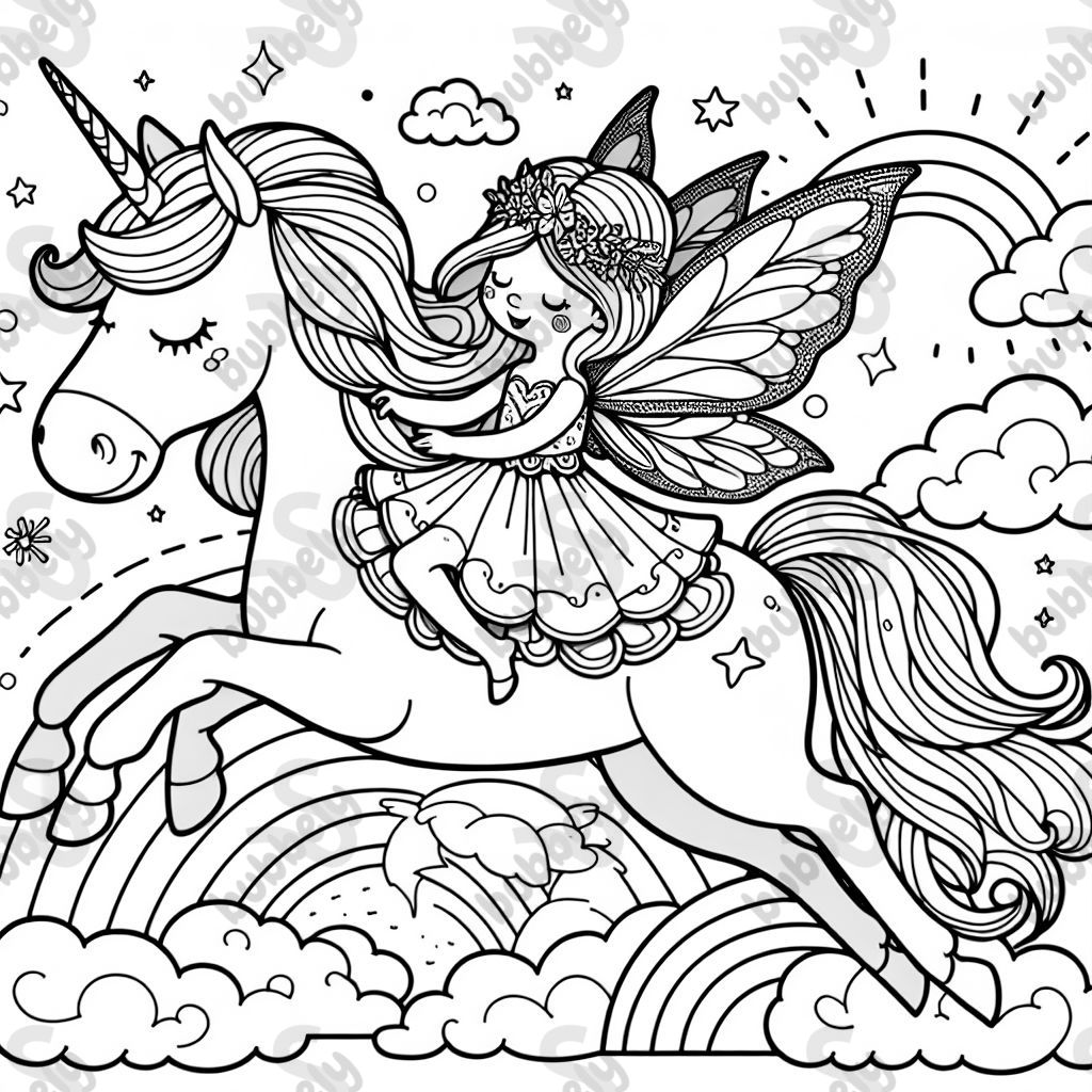 eine Fee auf einem fliegenden Einhorn