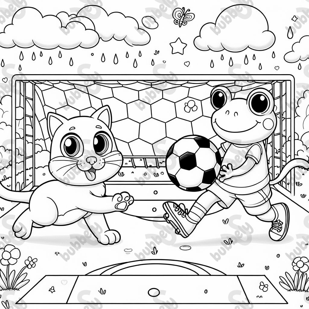 Cat and frog play soccer together