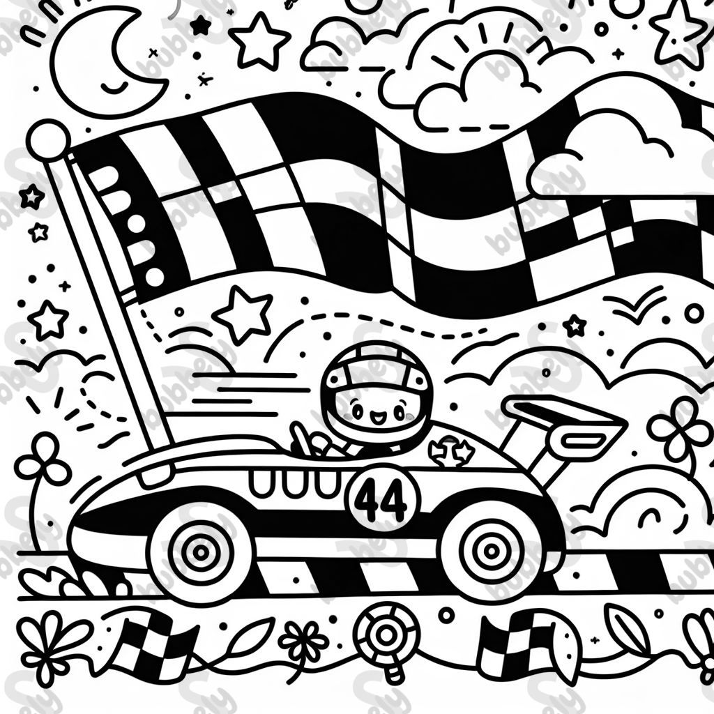 Race car and flags