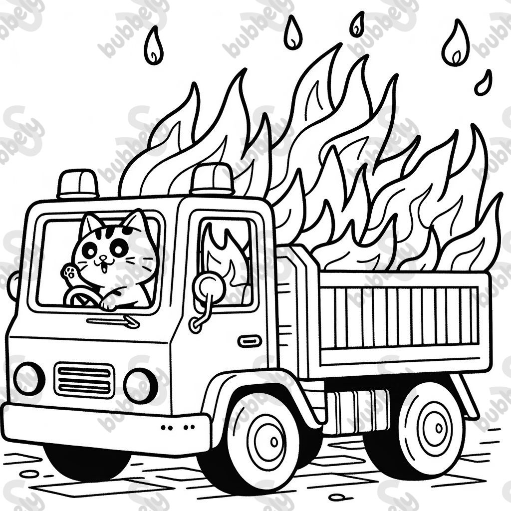 Eine Katze die einen Unimog fährt der brennt