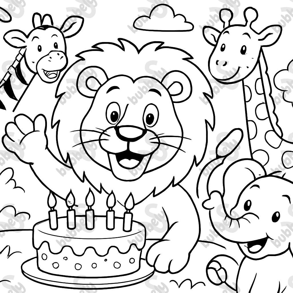 a lion with zoo animals and a birthday cake with 5 candles