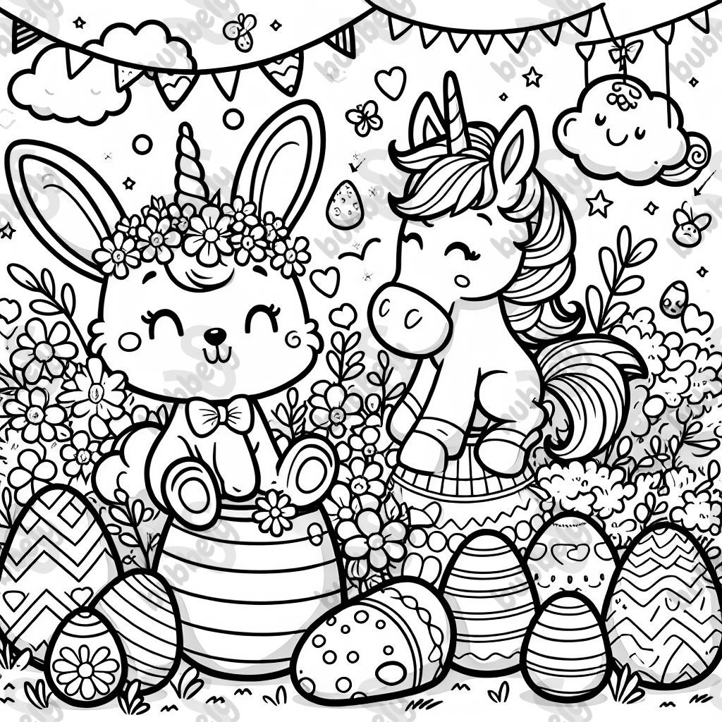 A bunny unicorn and colorful eggs.