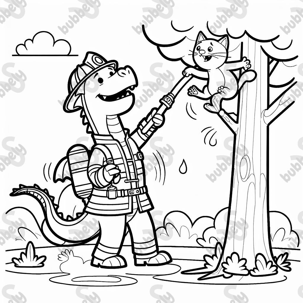 A dragon firefighter saving a cat A dragon firefighter saving a cat