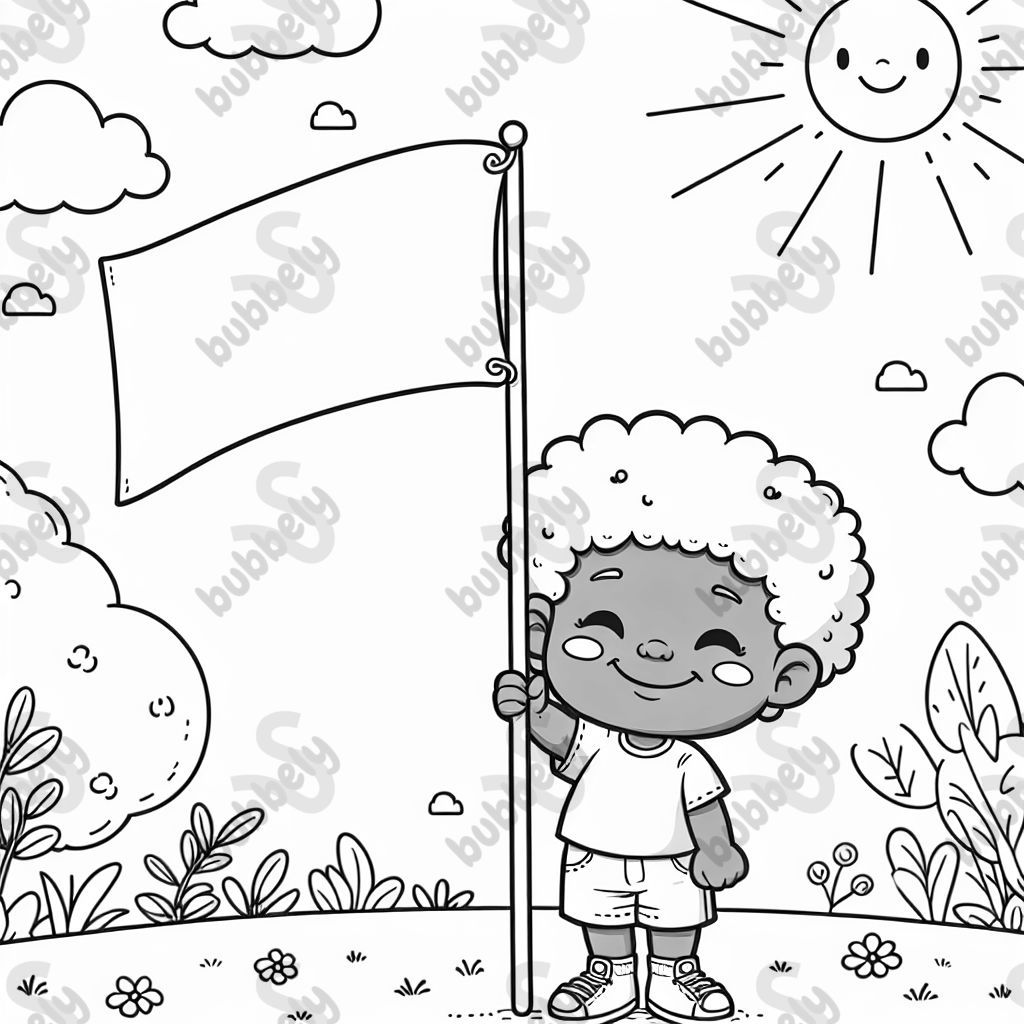 An African American kid holding a blank flag. Similar to the image in the book The ABCs of Black History by Rio Cortez.