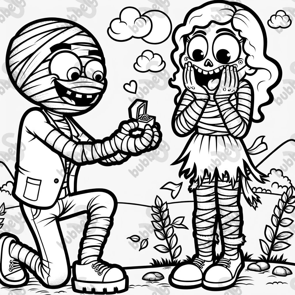 mummy proposing to a zombie with a ring on a hand