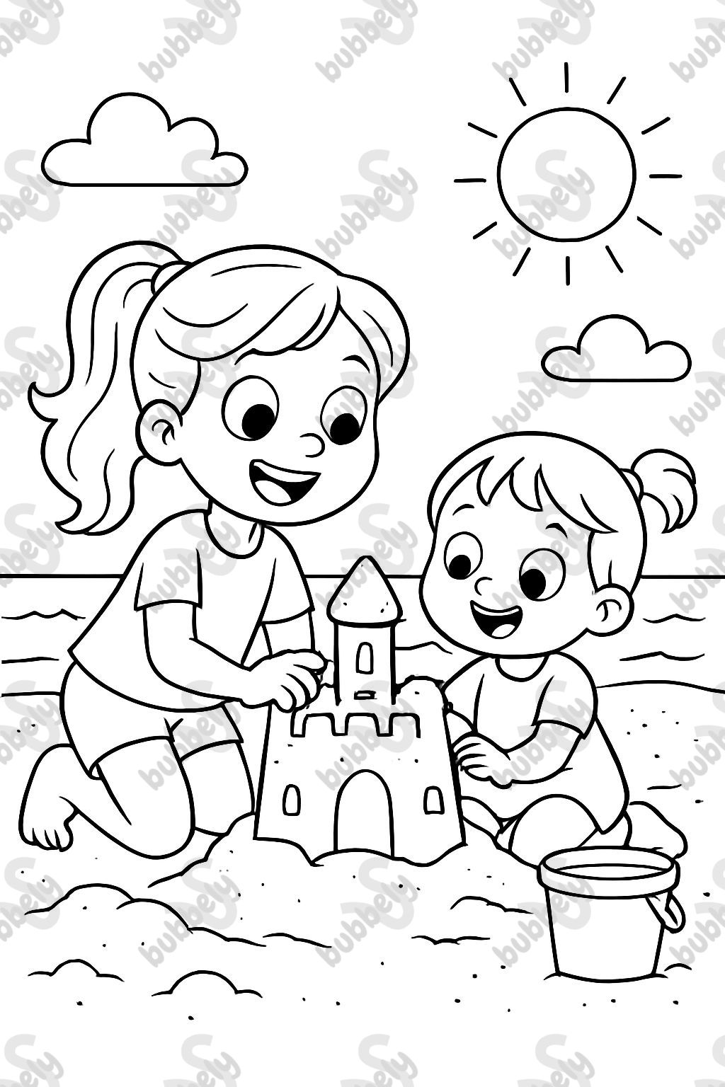 6 year old girl with her 3 year old little sister, building a sand castle on the beach together. 6 year old girl with her 3 year old little sister, building a sand castle on the beach together.