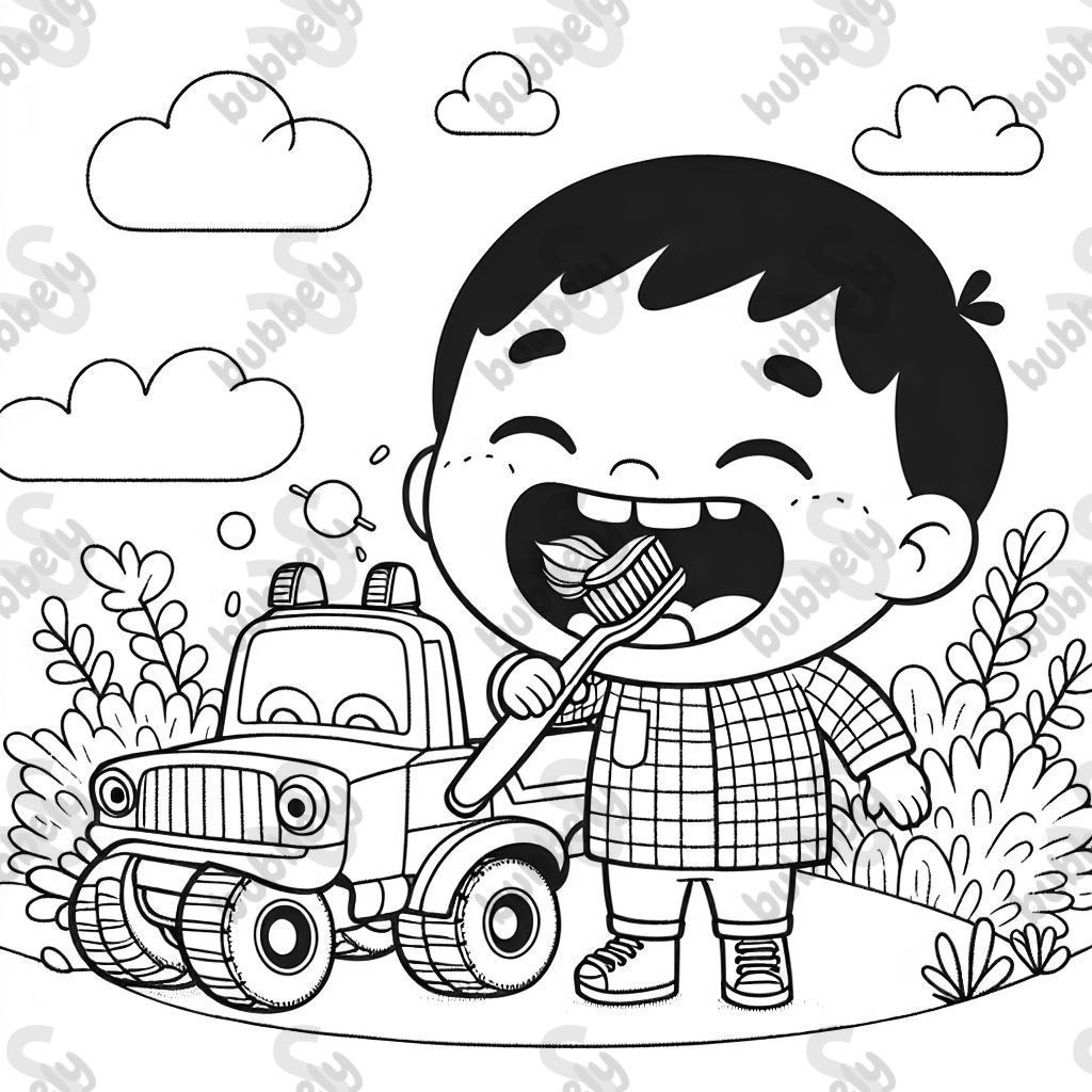 Toddler boy brushing teeth with a tow truck