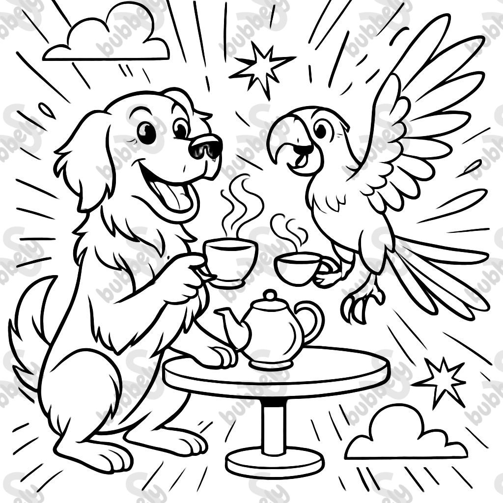 Golden retriever et perroquet prenant le thé ensemble.