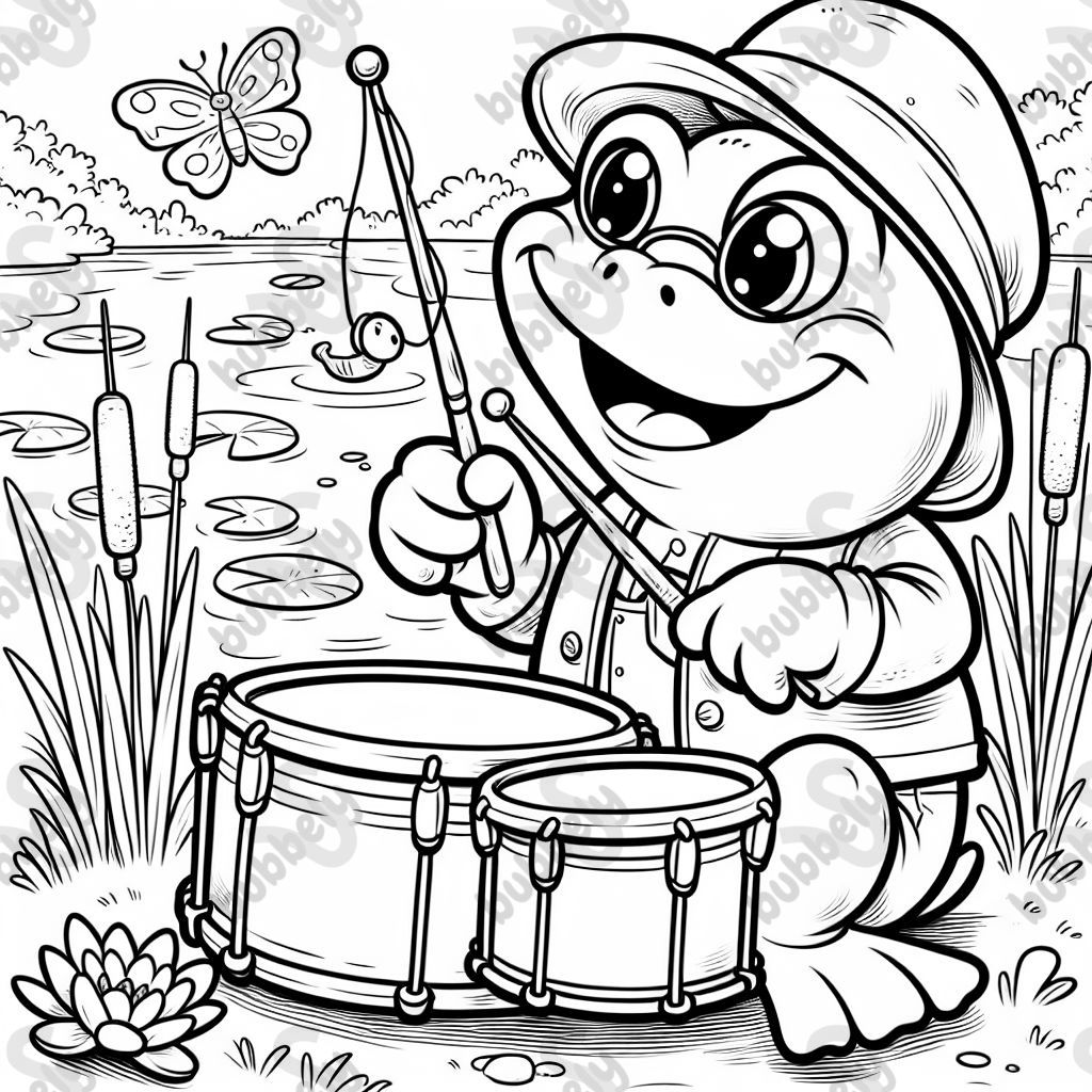 Frog playing the drums and fishing
