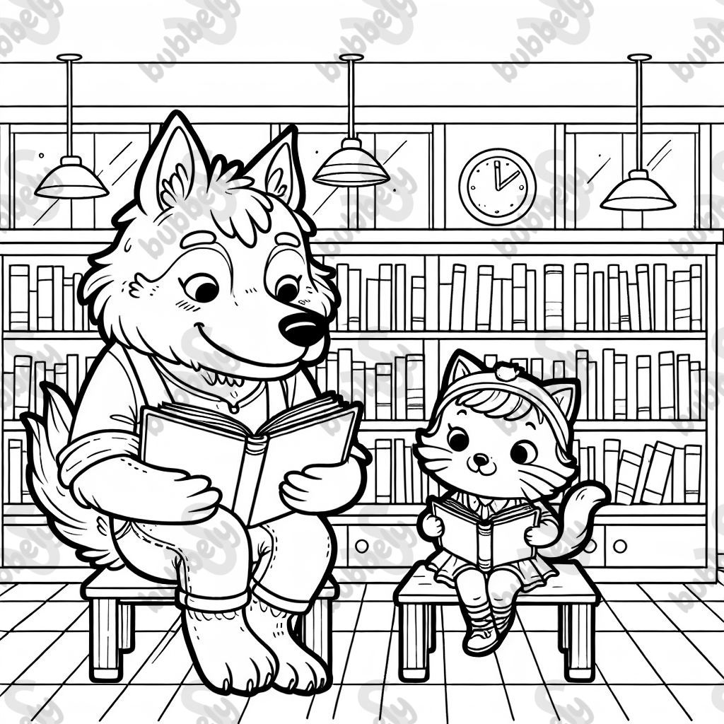 Ein Wolf und eine Katze in Kleidern sitzen in einer Bibliothek und lesen