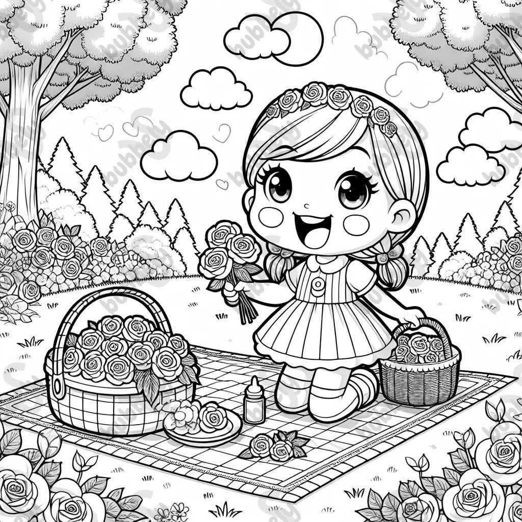 Une petite fille ayant un pique-nique dans un champ de roses.