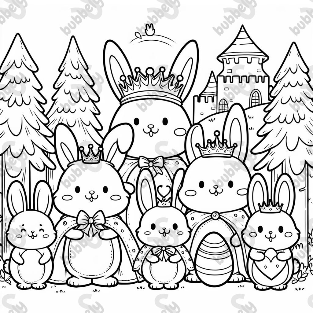 king bunny, queen bunny, baby bunny, prince bunny, princess bunny with a nice egg in the woods with a castle