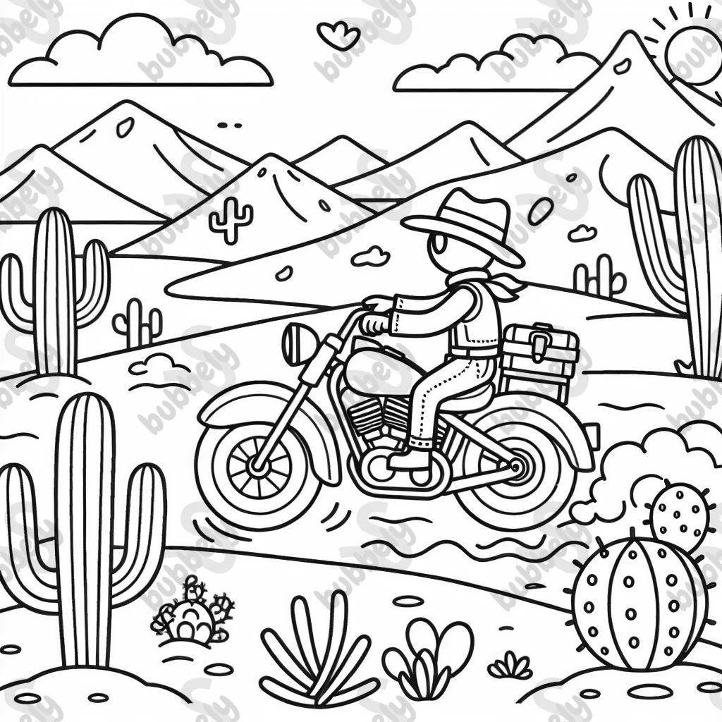 A motorcycle rides in the desert