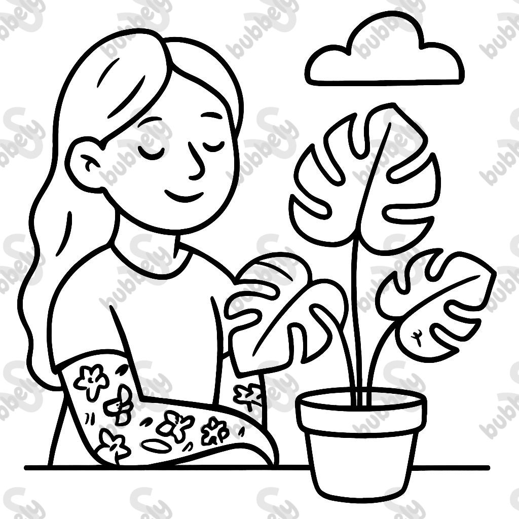 monstera plant with young woman with sleeve tattoos
