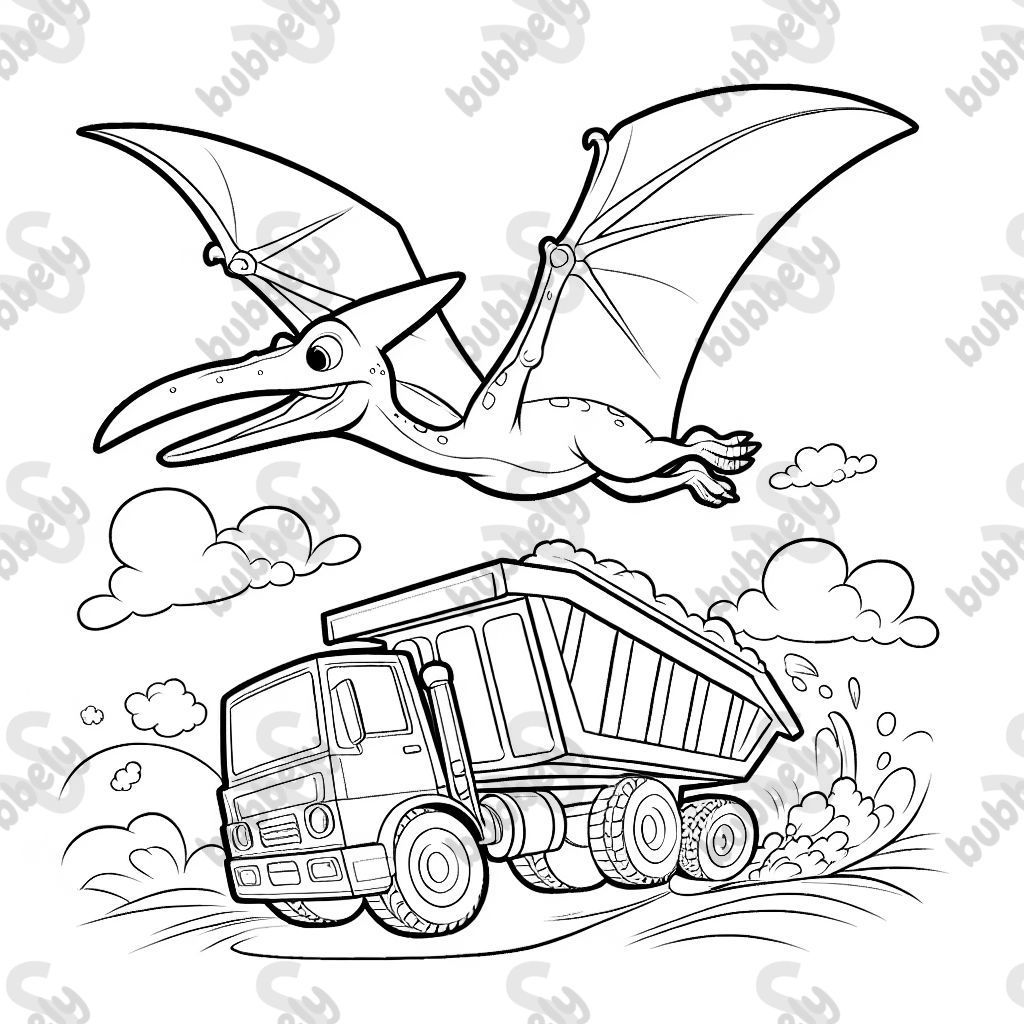 einen Pteranodon, der über einen Muldenkipper fliegt