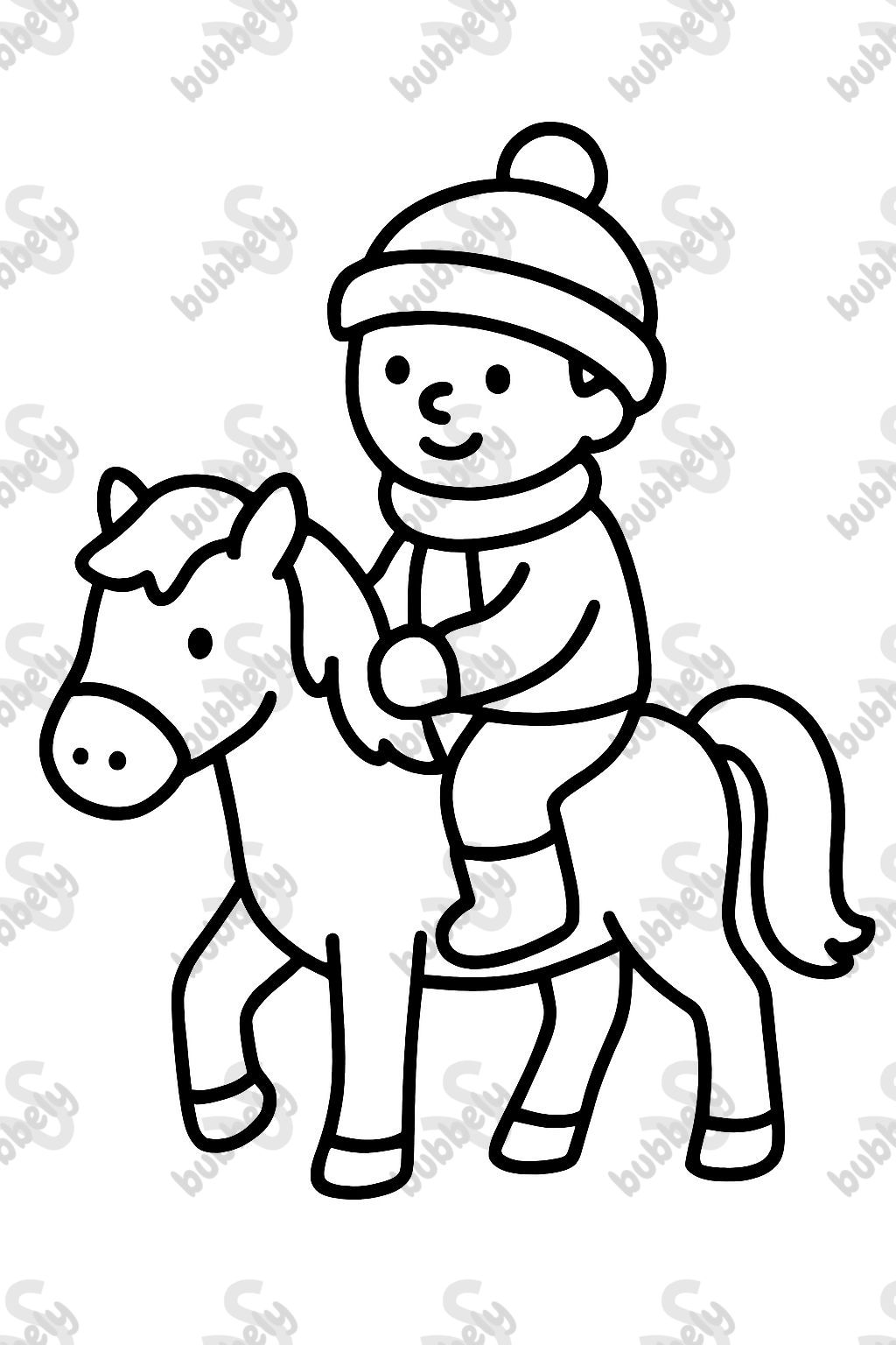 Un petit garçon montant un poney et portant des vêtements chauds