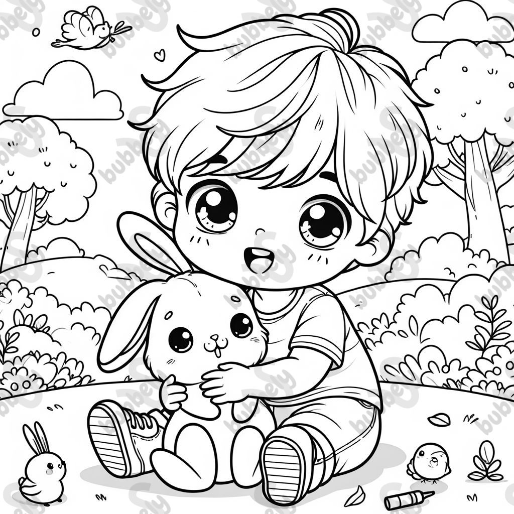 a small 2-year-old blonde boy holding a cuddly bunny