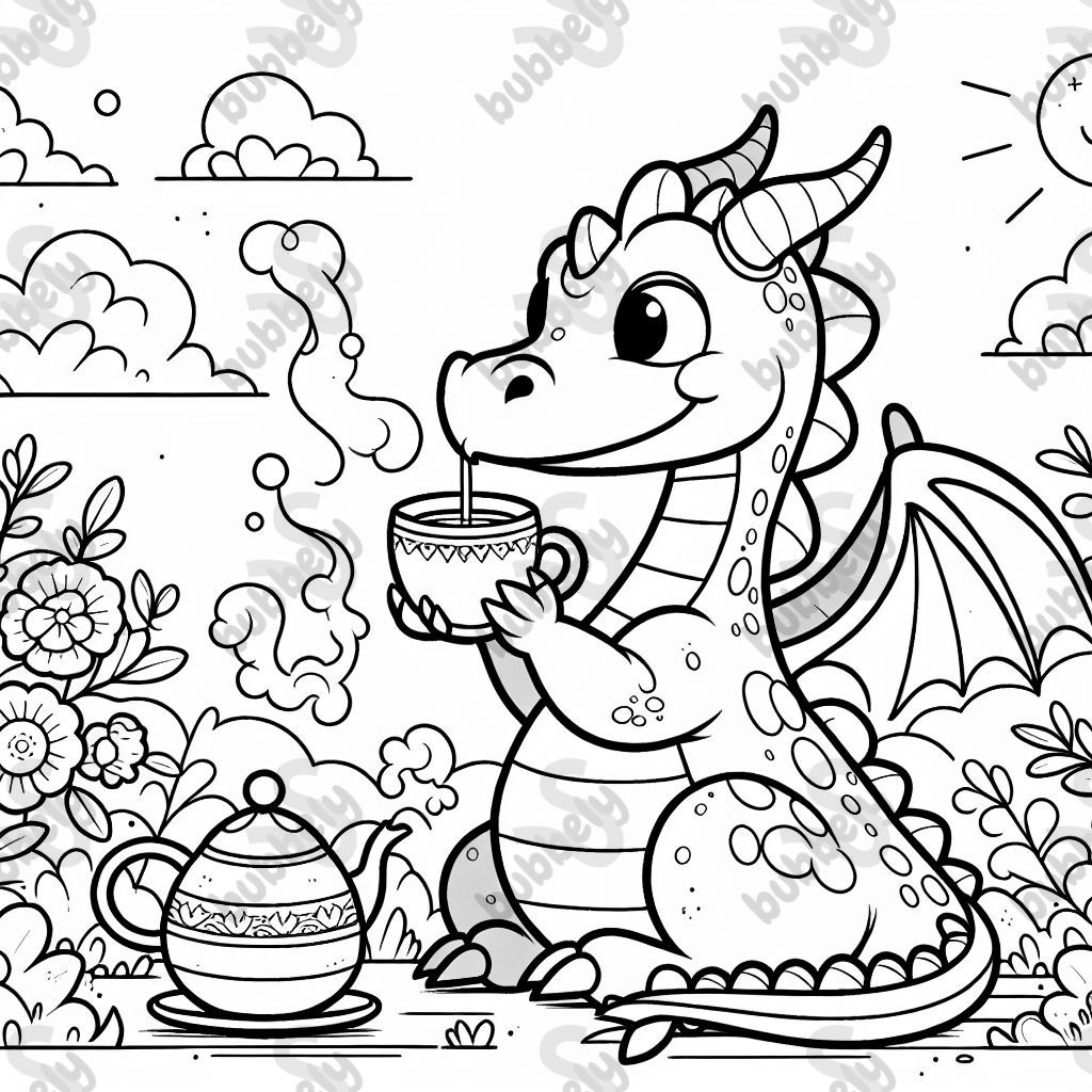A dragon drinking tea