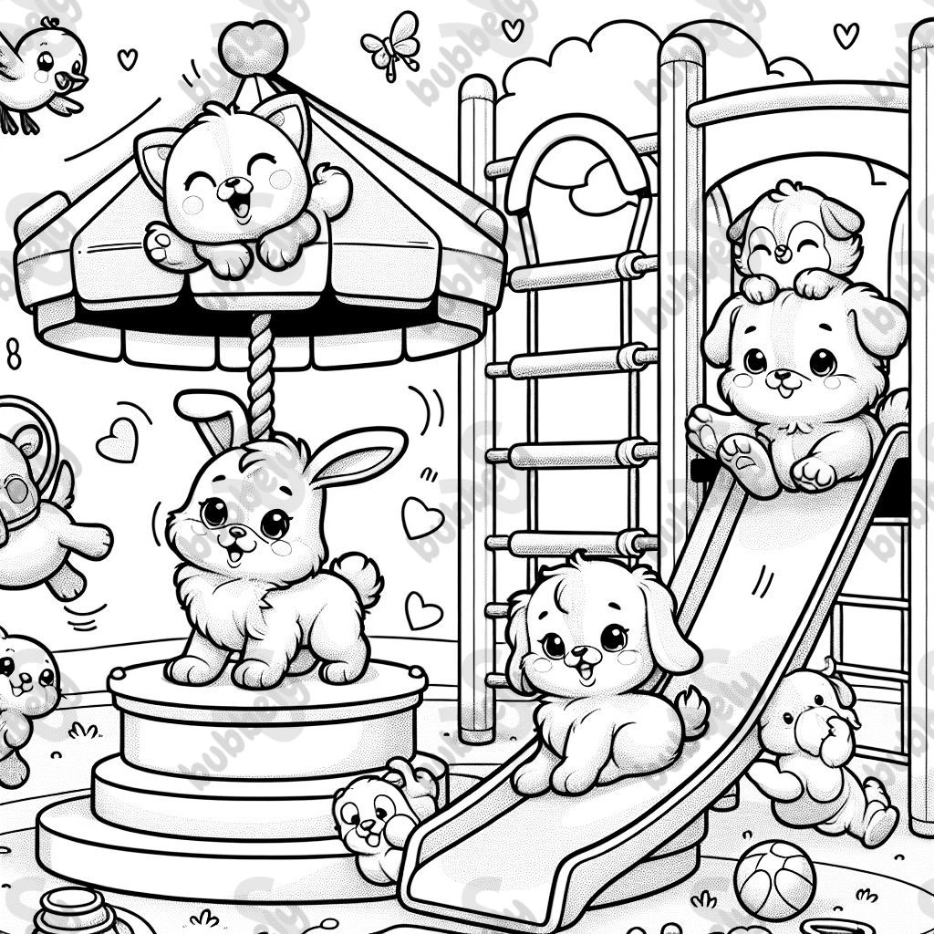 Baby Animals playing together inside on a playground 