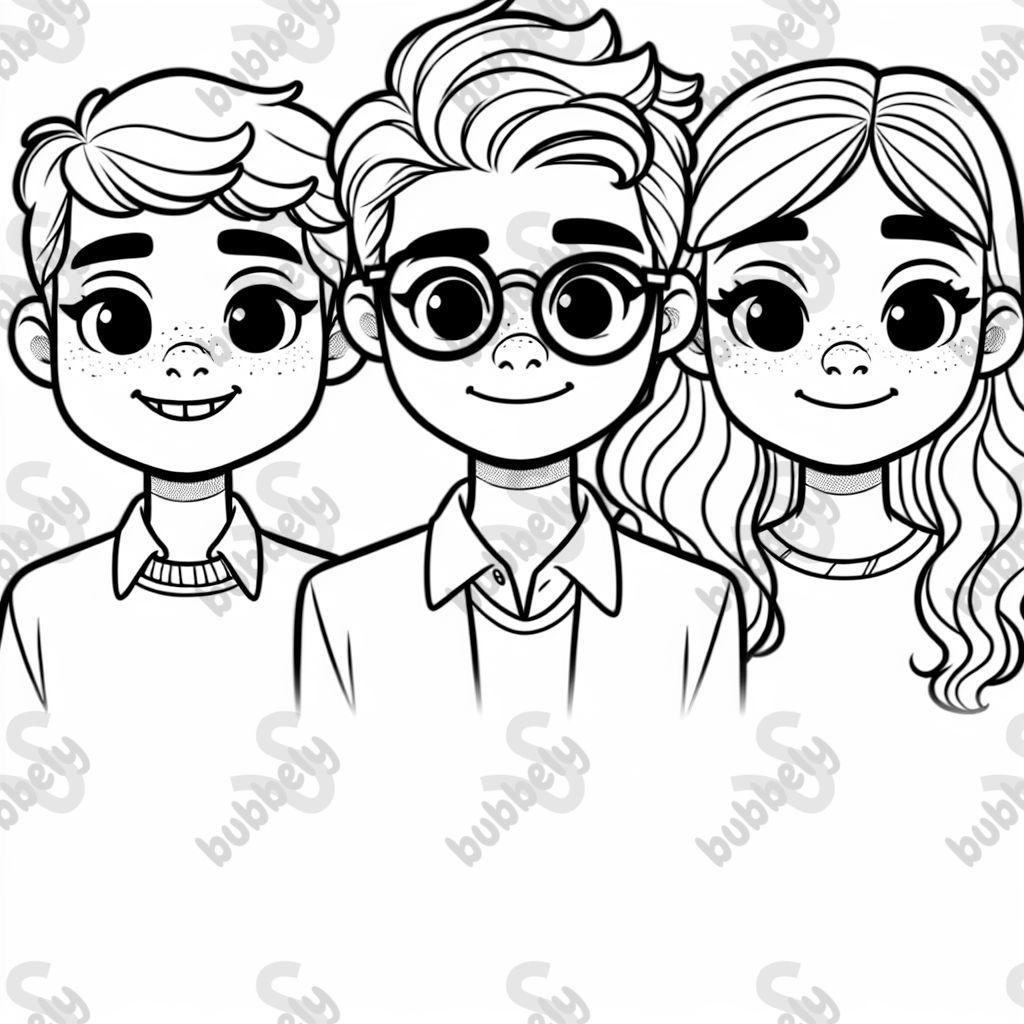 three teenagers: a boy with short dark hair and braces. A girl with short curly hair and glasses, and a girl with long straight hair three teenagers: a boy with short dark hair and braces. A girl with short curly hair and glasses, and a girl with long straight hair