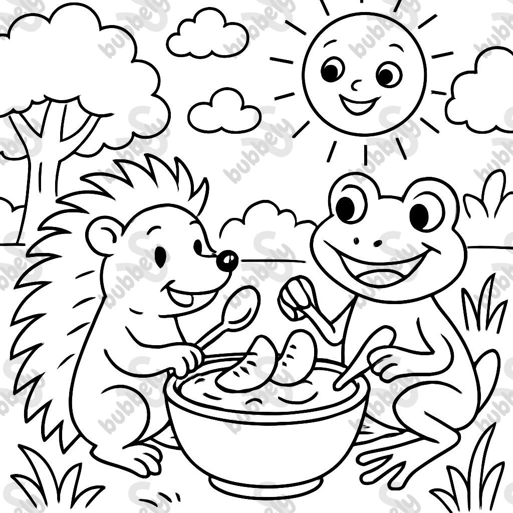 Hedgehog and frog eat peach yogurt together decorated with peach slices Hedgehog and frog eat peach yogurt together decorated with peach slices