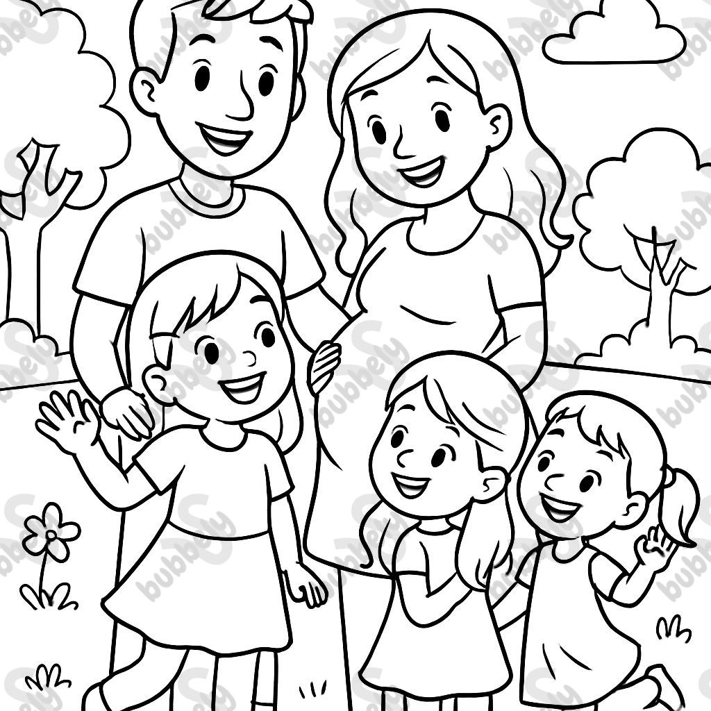 Papa, maman enceinte et trois filles toutes ensemble