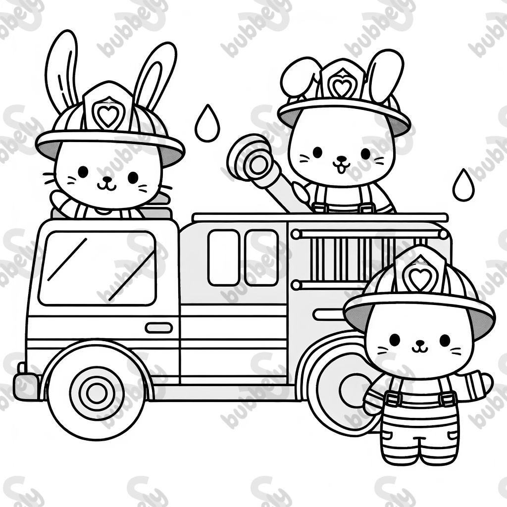bunny firefighters with a firetruck