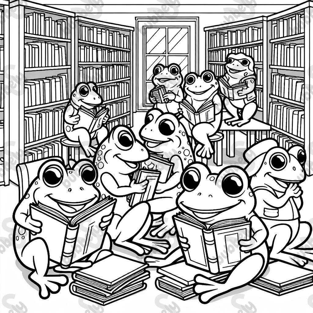 frogs reading books at the library