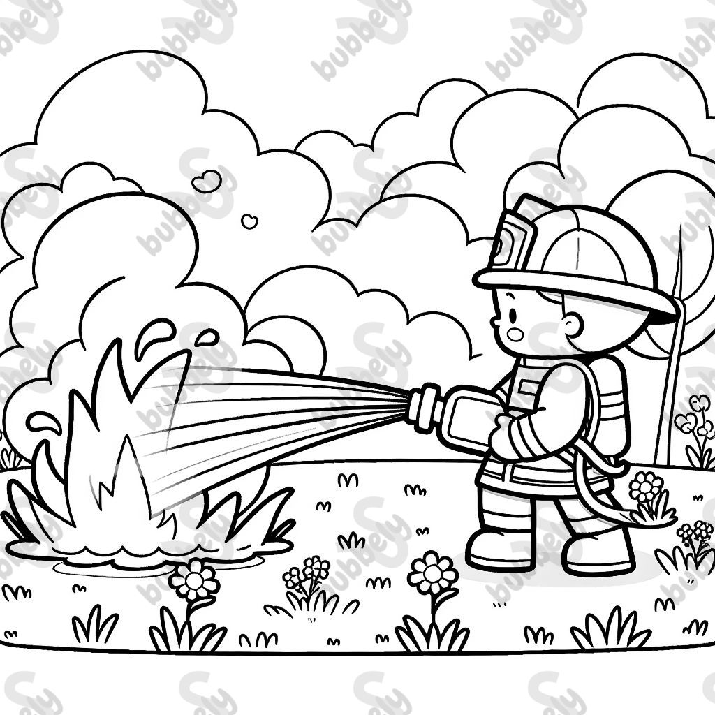 fire brigade on a meadow extinguishing a fire