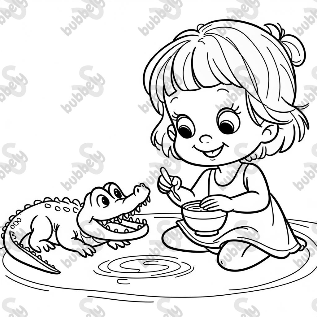 Blonde toddler girl playing with a crocodile