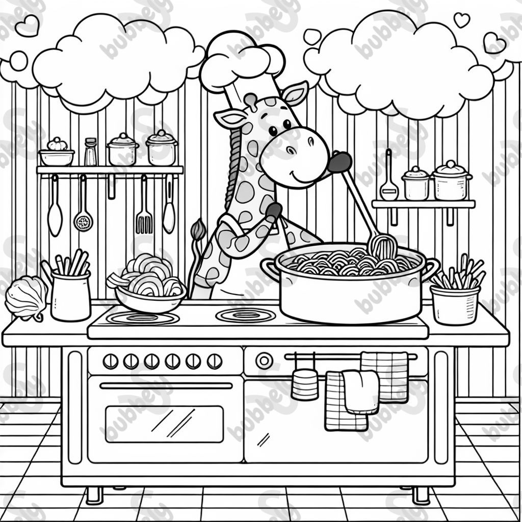 A giraffe that's a chef cooking pasta.