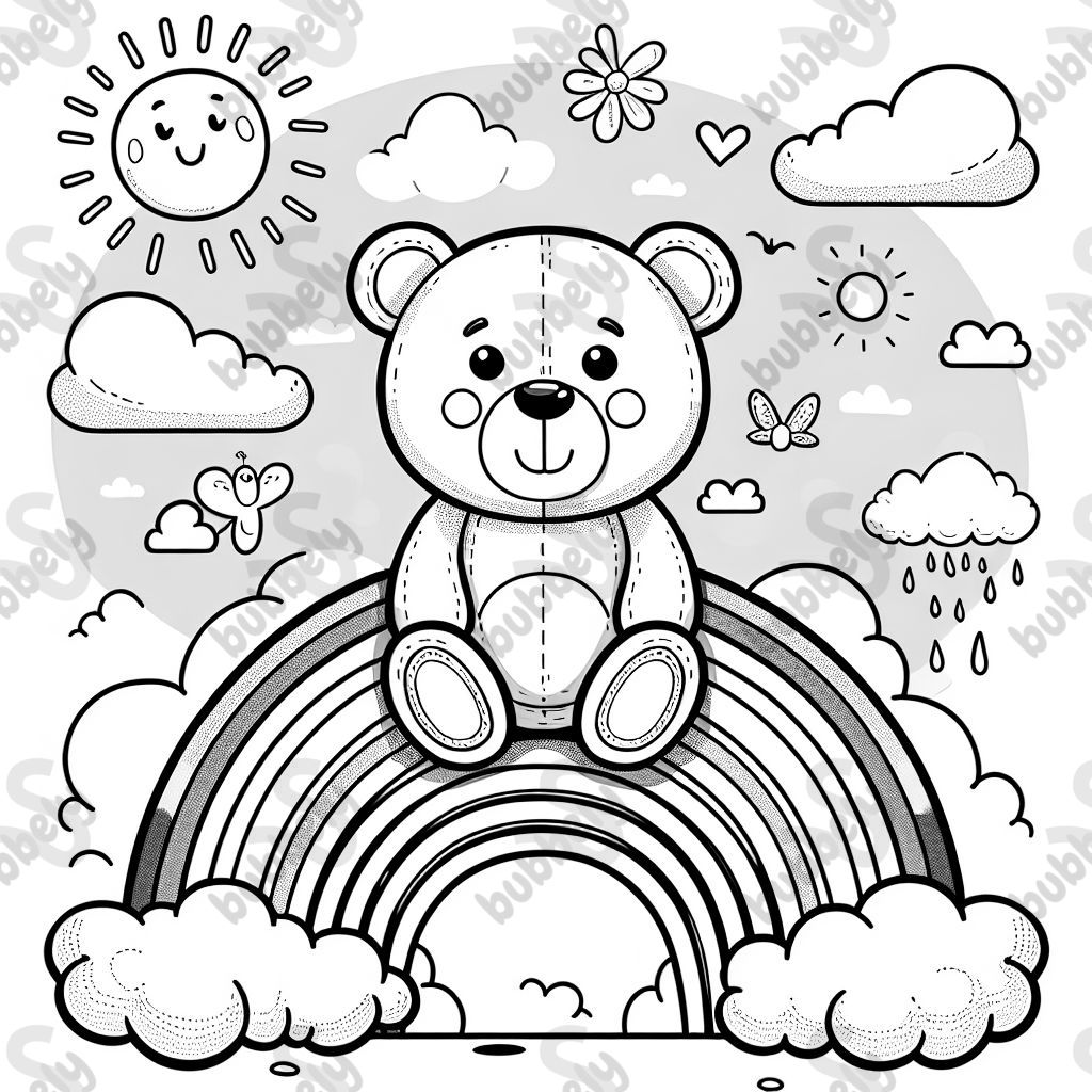 Einen runden teddybär auf einem Regenbogen in den Wolken