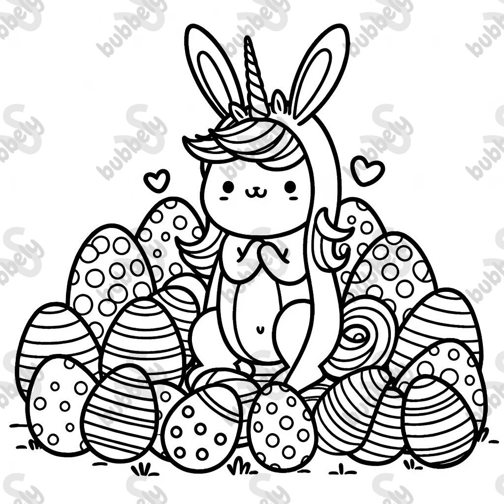A Easter bunny dressed as a unicorn with many Easter eggs A Easter bunny dressed as a unicorn with many Easter eggs