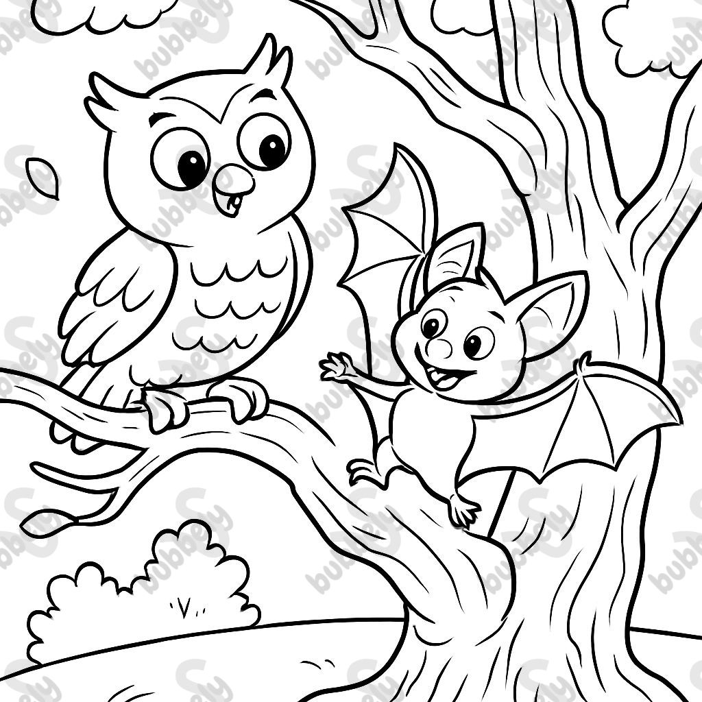 a little owl and a young bat on an old tree