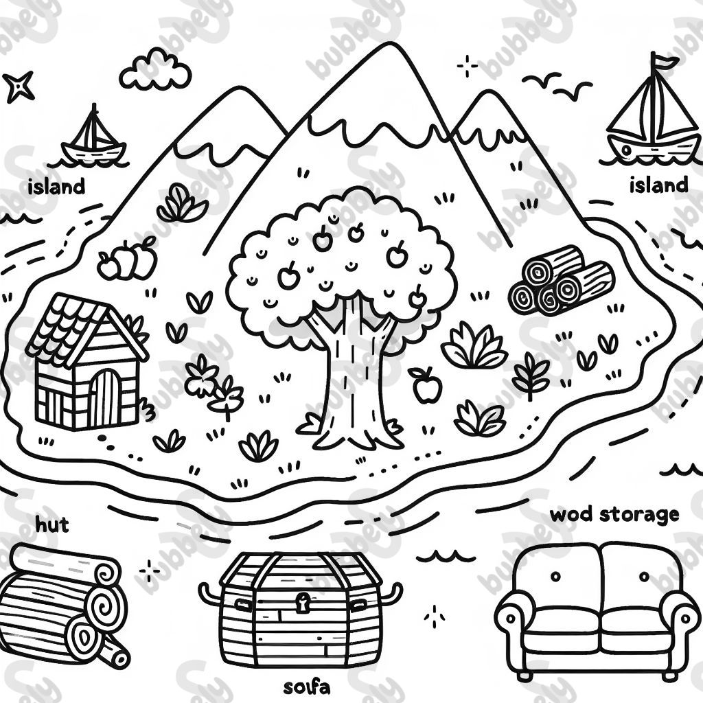 Eine Schatzkarte mit den den Stationen: Insel, Berg, Holzlager, Hütte, Apfelbaum, Sofa, Pfanne