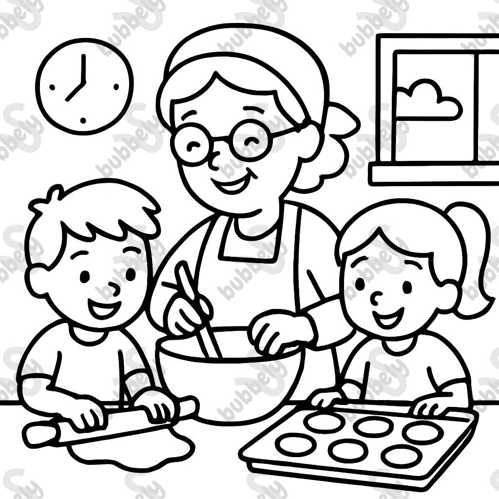 Grandma baking with grandson and granddaughter