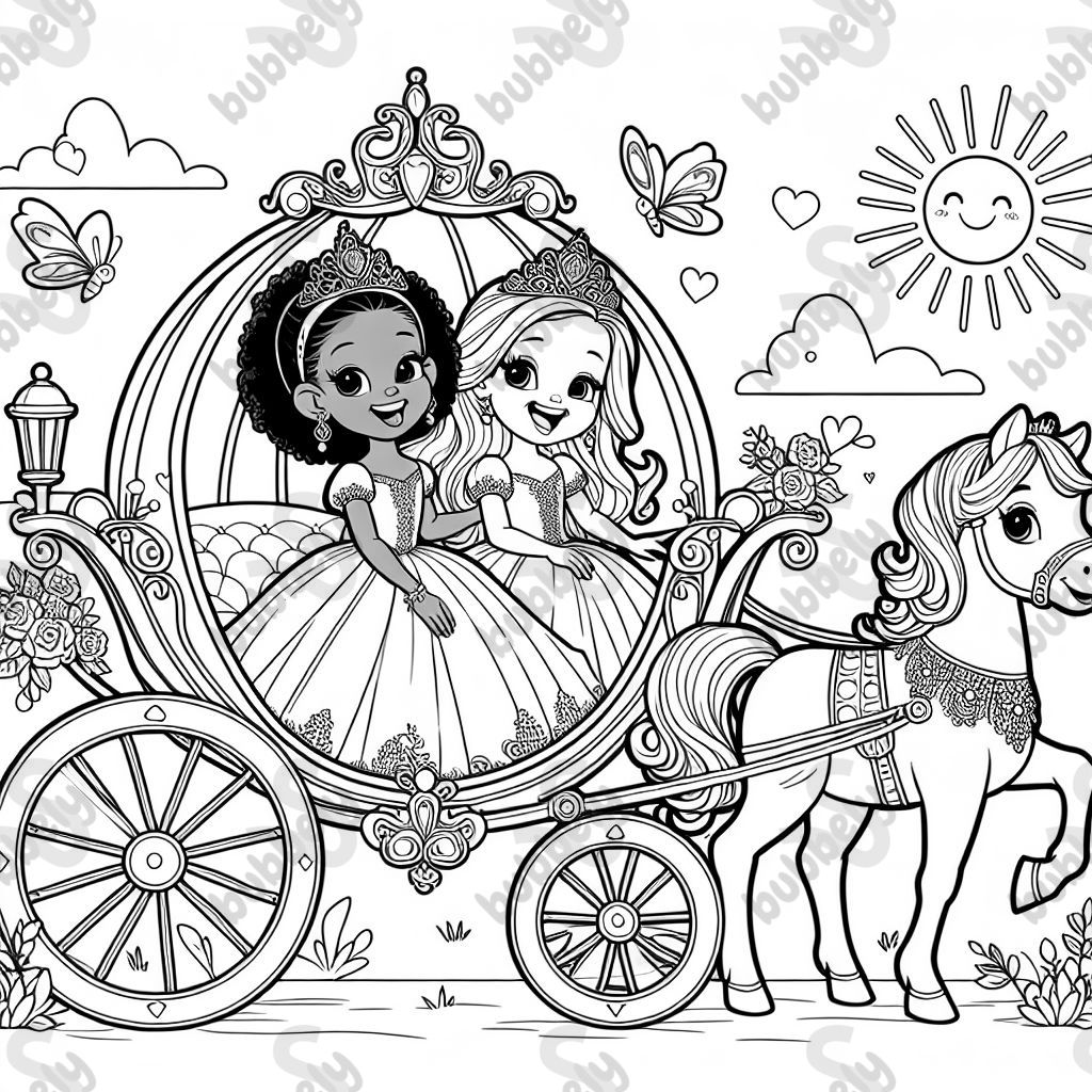 Two princesses in a carriage pulled by a pony. Two princesses in a carriage pulled by a pony.