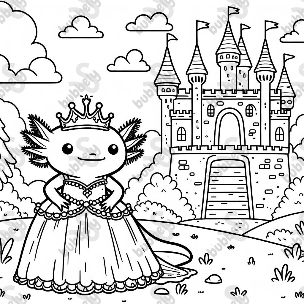 An axolotl wearing a princess dress and tiara, in front of a castle.