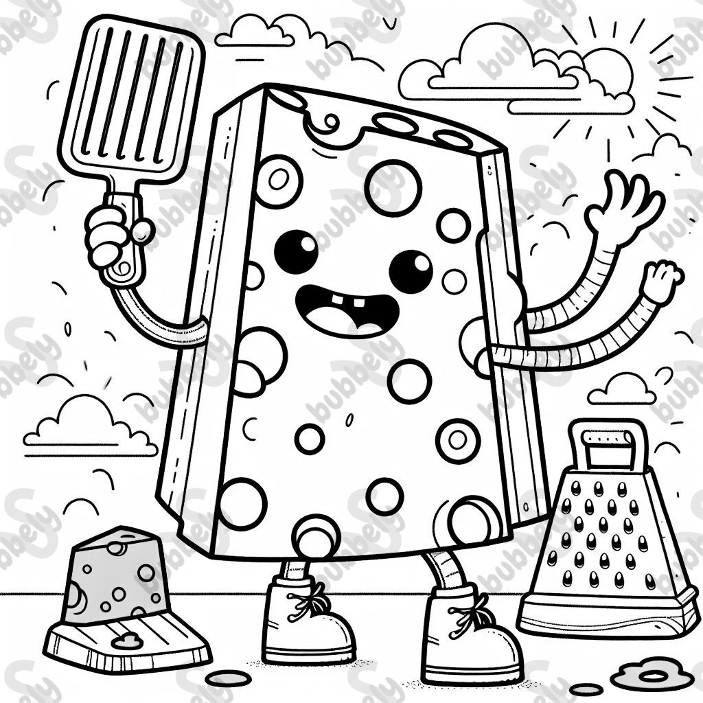 A cheese monster with cheese slicers for arms and cheese graters for feet