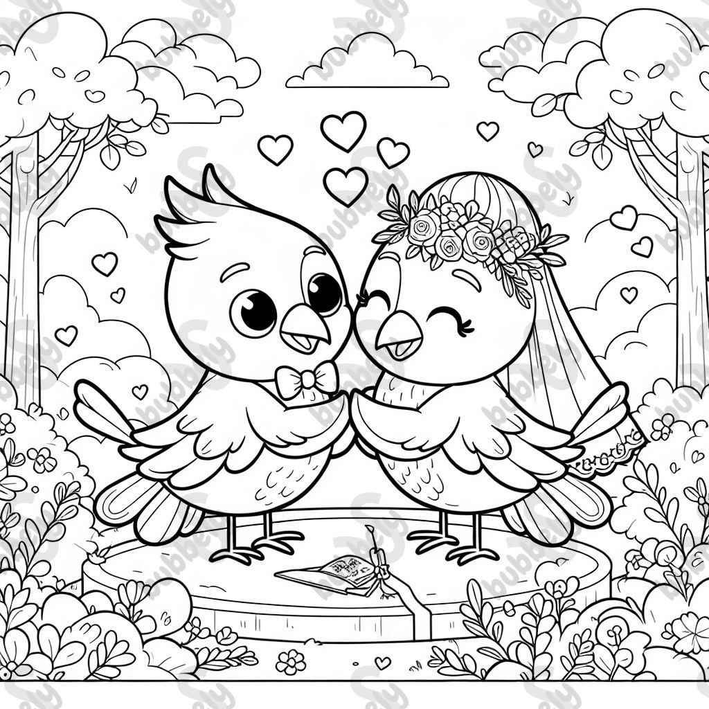 Cardinals getting married depicted in a colorful coloring page for children.