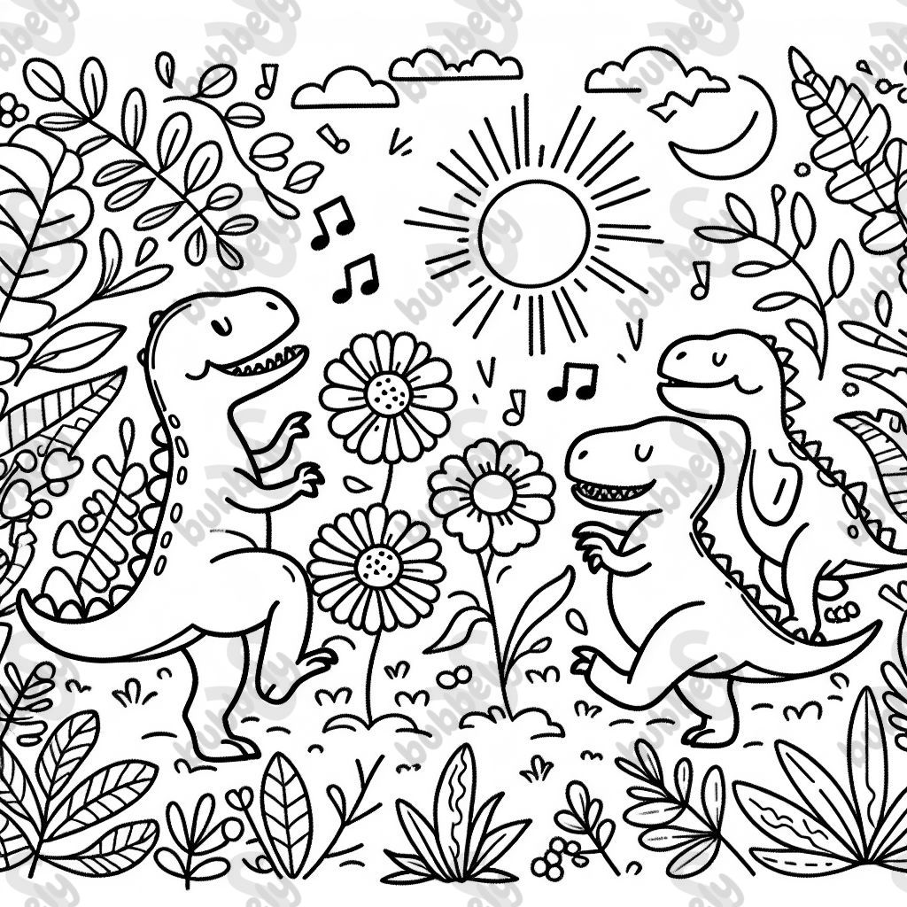 Tanzende dinos, blumen, pflanzen, sonne