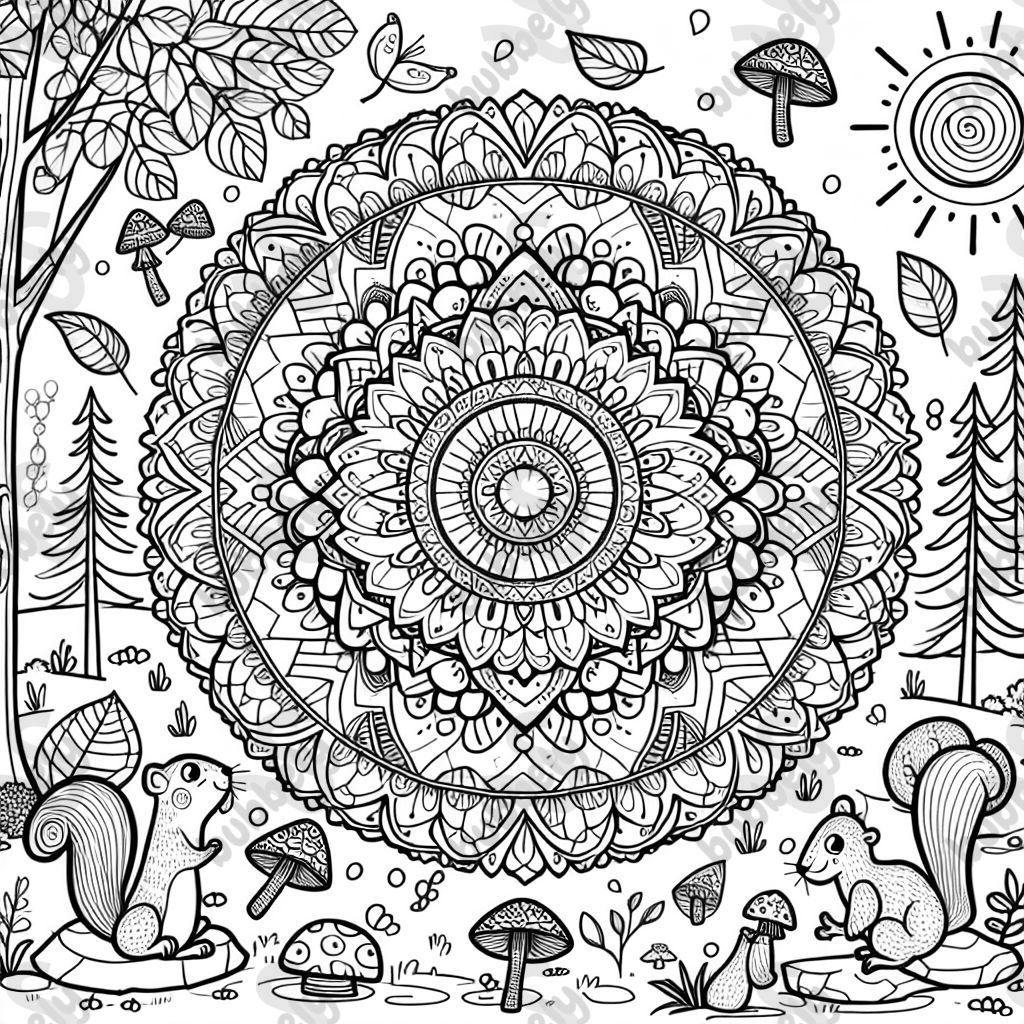 Mandala with mushrooms, squirrels, and forest