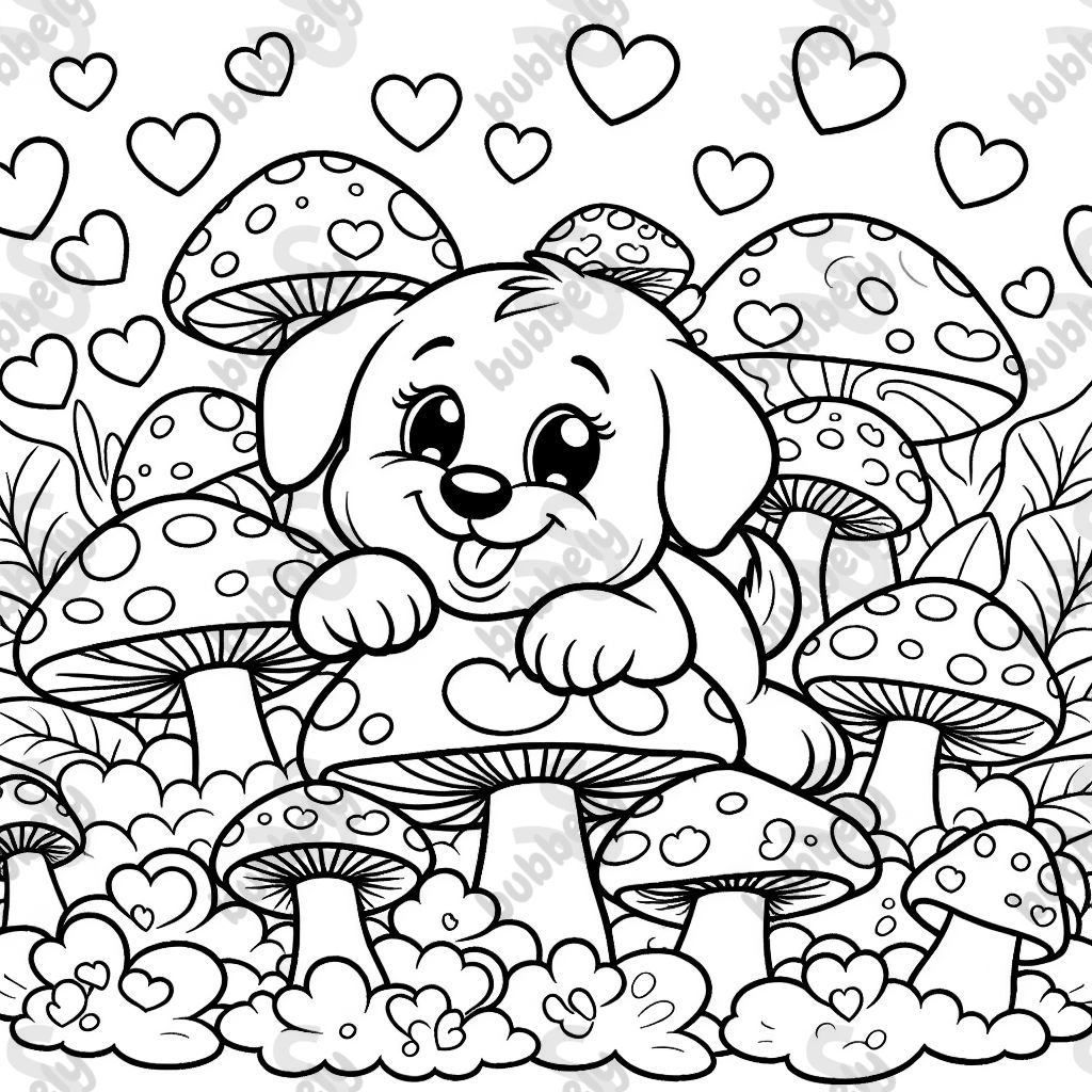 sweet puppy with mushrooms around it and lots of little hearts