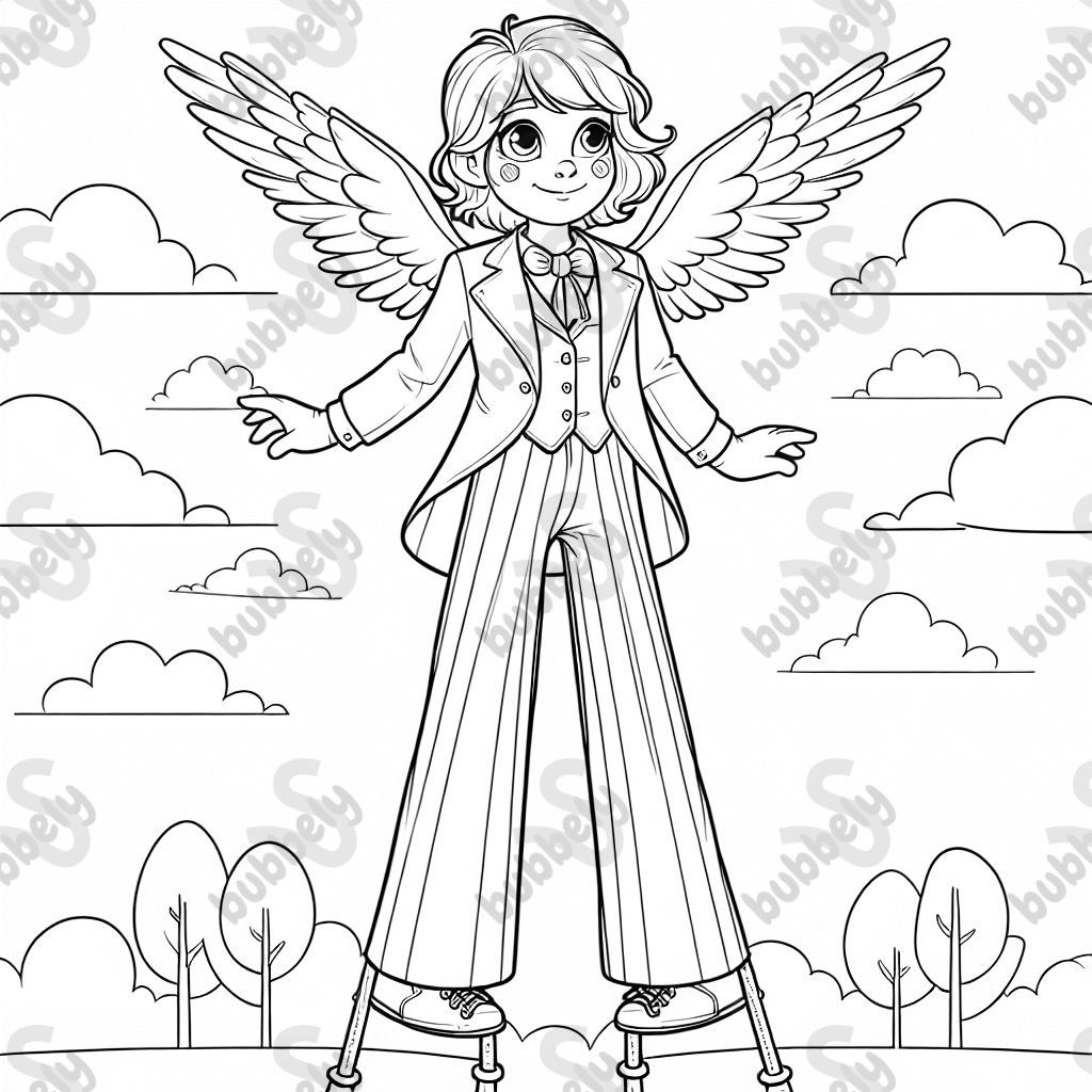 Une fille sur des échasses, avec des ailes et un costume